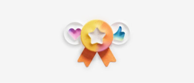 Ein farbiges Band mit einem weißen Stern und Herzen auf einem gelben Kreis.