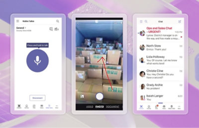 Три смартфона, на экранах которых отображается интерфейс рации, видеосвязи и чата.