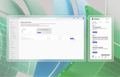Телефон и планшет с экраном, на котором показан центр администрирования приложения Teams.