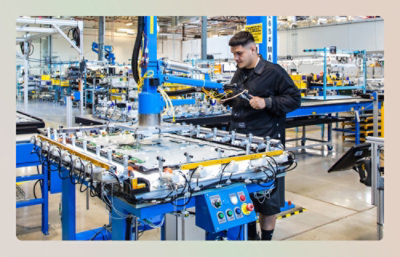 A worker operates a robotic machine in a brightly lit manufacturing facility.