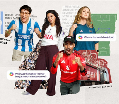 Collage of football fans in club jerseys celebrating, with overlays of match-related queries.