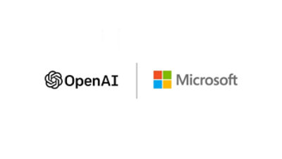 Logotipos do OpenAI e da Microsoft exibidos lado a lado em uma tela de fundo branca.