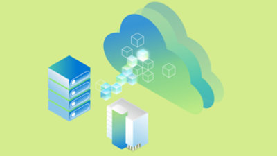 Ilustração de computação em nuvem com servidores conectados a uma nuvem por meio de uma rede de cubos em um fundo verde.