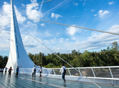 People walking on a bridge.