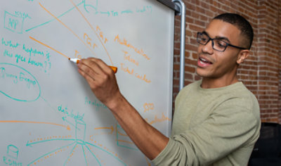 En person skriver på et whiteboard