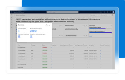 A computer screen displaying transaction reconciliation information with some exceptions detailed in text.