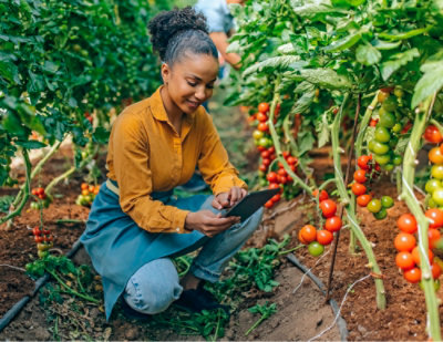  A woman kneeling in a greenhouse.