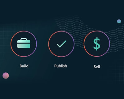 Screenshot of a computer with icons for building, publishing, and selling.