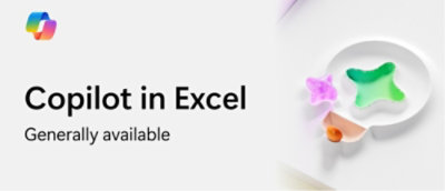 A purple flower with black text, a plate with a green star, and text Copilot in Excel, Generally available.