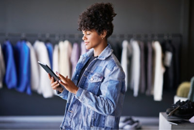 A woman in an apparel store checking her tablet