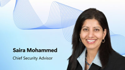 Saira Mohammed, Chief Security Advisor, professional portrait with abstract blue graphic background.