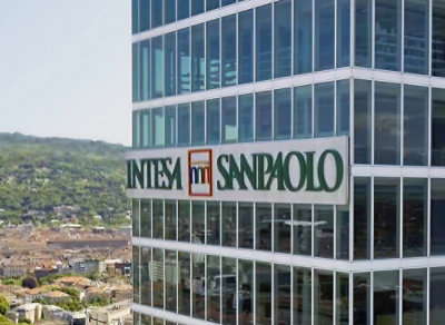 A close-up of a building with the text INTESA SANPAOLO.