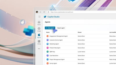 A screenshot of a computer displaying Copilot Studio on a blue and white background.