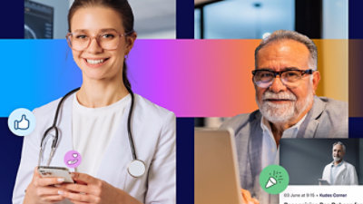 Eine Collage von Menschen in verschiedenen Farben, darunter eine Frau mit Brille und Stethoskop und ein Mann mit Brille und Bart.