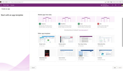 Παράθυρο που δείχνει διάφορα πρότυπα για τη δημιουργία μιας εφαρμογής