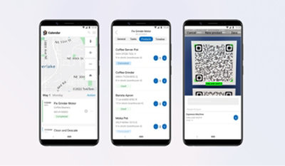 Τρία smartphone που εμφανίζουν διαφορετικές εφαρμογές: ένα ημερολόγιο με ένα μενού παραγγελίας καφέ και έναν κωδικό qr για την αγορά νέου προϊόντος