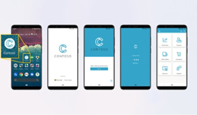 Πέντε smartphone που εμφανίζουν διάφορες οθόνες της εφαρμογής "contoso", εμφανίζοντας τη σελίδα σύνδεσης, αρχική οθόνη