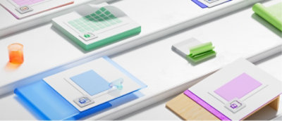 A close-up of a blue and white device.