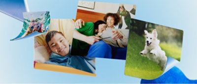 En grupp foton på en blå yta.