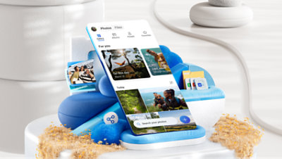 En närbild av en blå och vit mapp med texten Foton, Galleri, Album, Utforska, Slå på.