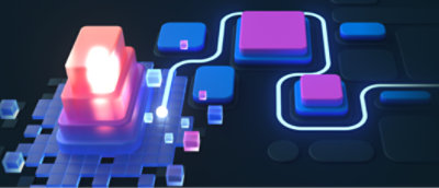 3d illustration of a glowing red cube connected to other blue and pink cubes by glowing lines on a dark background
