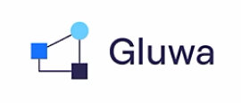 A logo with blue and black text that reads Gluwa.