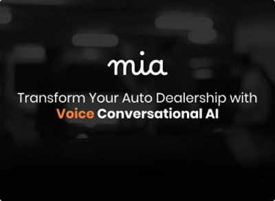 Foto jarak dekat papan nama dengan teks putih pada latar belakang hitam, bertuliskan Transform Your Auto Dealership with Voice Conversational AI.