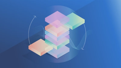 Colorful cubes and arrows on a blue background.