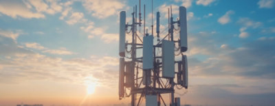 Een zendmast en zonlicht die er vanaf de achtergrond op reflecteren