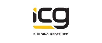 Een zwart en geel logo met het tekst 'icg BUILDING'. GEHERDEFINIEERD.