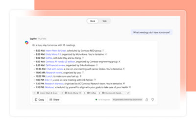 Een prompt van een gebruiker met de vraag naar Vergade­ringen morgen, met een Microsoft 365 Copilot-antwoord dat de Vergade­ringen van morgen vermeldt