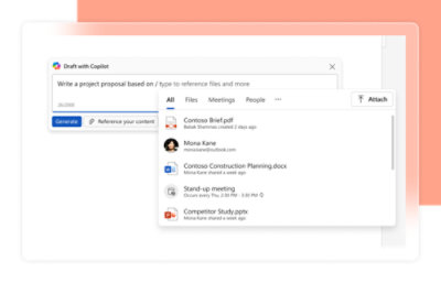 Een concept met een Copilot-dialoogvenster met een lijst bestanden om toe te voegen