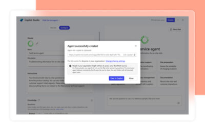 Een schermopname van Copilot Studio, met een pop-upbericht dat een agent is gemaakt en kan worden weergegeven in Copilot