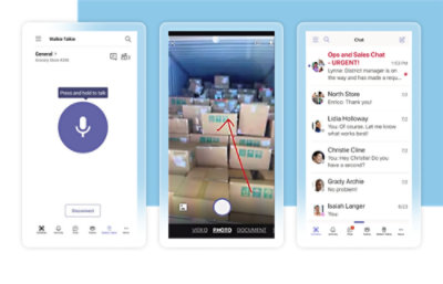 Schermopnamen van Teams op drie mobiele apparaten: een promptscherm van Walkietalkie, een foto met een getekende pijl erop en een lijst chats
