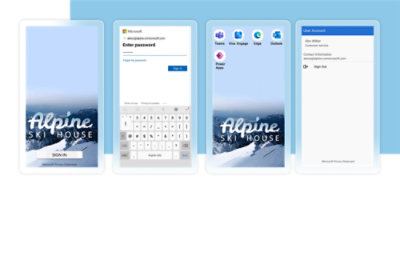Schermopnamen op vier mobiele apparaten: een startscherm met een knop voor aanmelden, een pagina met een prompt voor een wachtwoord, een startscherm na aanmelding en een pagina van een gebruikersaccount met opties voor afmelden en een lijst chats