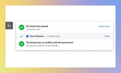 Captura de tela de uma compilação do Azure Pipelines com verificações aprovadas, indicando que não há conflitos com o branch base