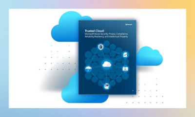 Conception graphique d'une tablette numérique avec la mention "Trusted Cloud" sur l'écran, entourée de nuages ​​stylisés sur un fond dégradé.