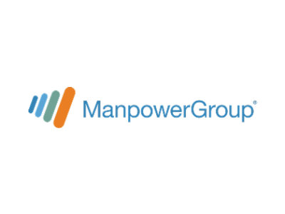 ManpowerGroup logo with blue text and multicolor vertical icon on a light background