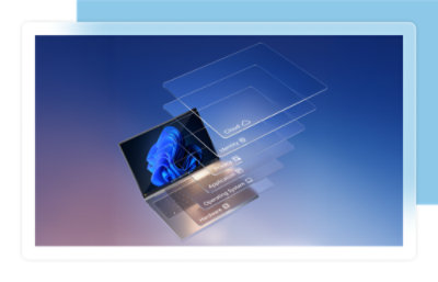 A Windows 11 laptop with transparent layers showing Hardware, Operating System, Application, Privacy, Identity and Cloud