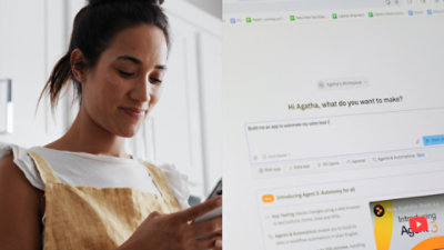 A woman in a kitchen looks at her phone, smiling. On the right, a computer screen shows text about building an app with an AI assistant.