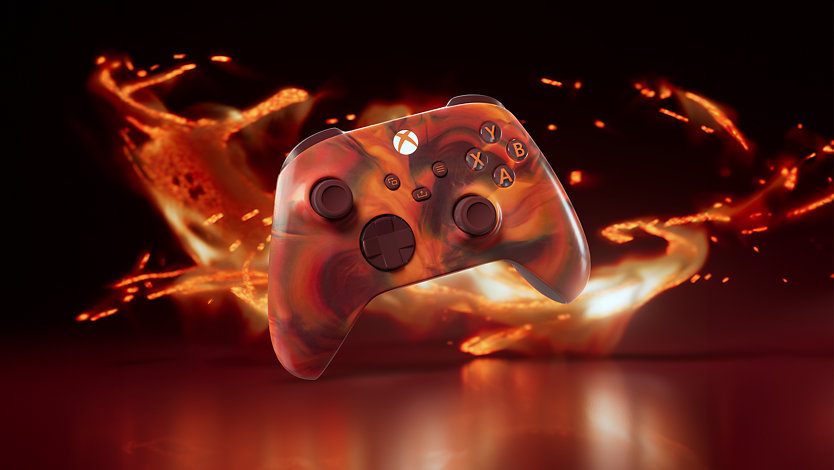 Front-right angle of the Xbox Wireless Controller – Fire Vapor Special Edition.