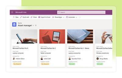 Recorte de pantalla de un administrador de activos de Listas Microsoft mostrando detalles de varios artículos tecnológicos, como portátiles y una tableta