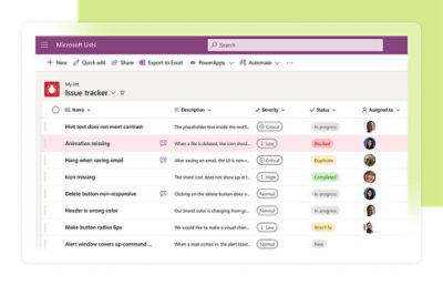 Recorte de pantalla de un seguimiento de problemas de Listas Microsoft mostrando varios problemas con columnas para tipo, descripción, gravedad, estado