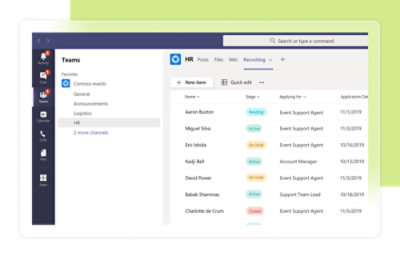 Recorte de pantalla de una página de contratación de Microsoft Teams que muestra una lista de candidatos con su estado y fechas de solicitud de empleo.