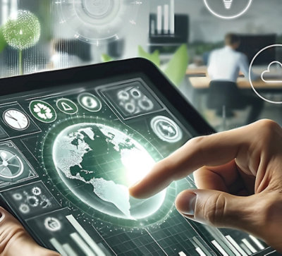 Une main touchant l'écran d'une tablette.