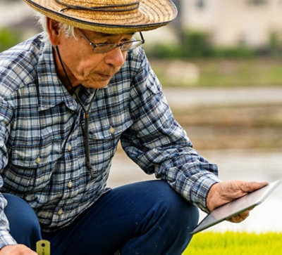 Une personne portant un chapeau de paille et tenant une tablette.