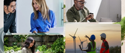 Un collage présentant des personnes dans divers environnements aux côtés d'éoliennes.