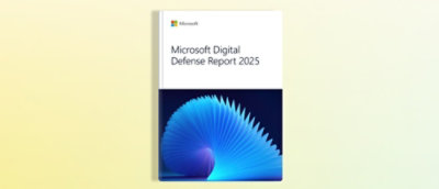A book with a blue spiral design on the cover and the text Microsoft Digital Defense Report 2025.