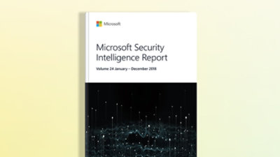 A white and black book cover with the text Microsoft Security Intelligence Report Volume 24 January - December 2018 on a black background with white dots.