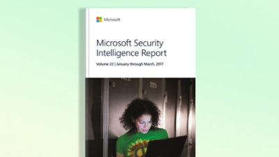 A book-cover with woman in a green shirt using a laptop and text reading Microsoft Security Intelligence Report.